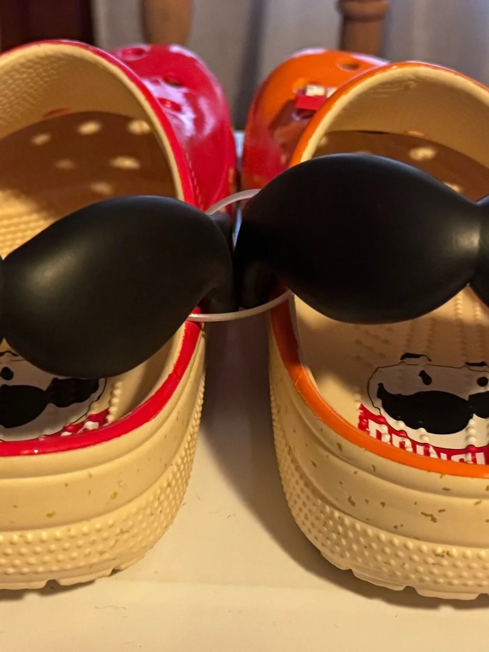 Pringles Crocs Orange and Red Sandals with Black Moustache